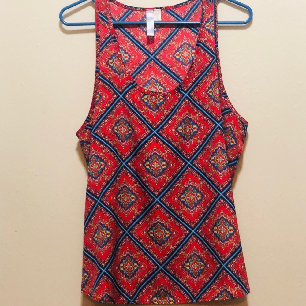 Francesca’s Basic Cut Tank w/ Red & Blue Pattern